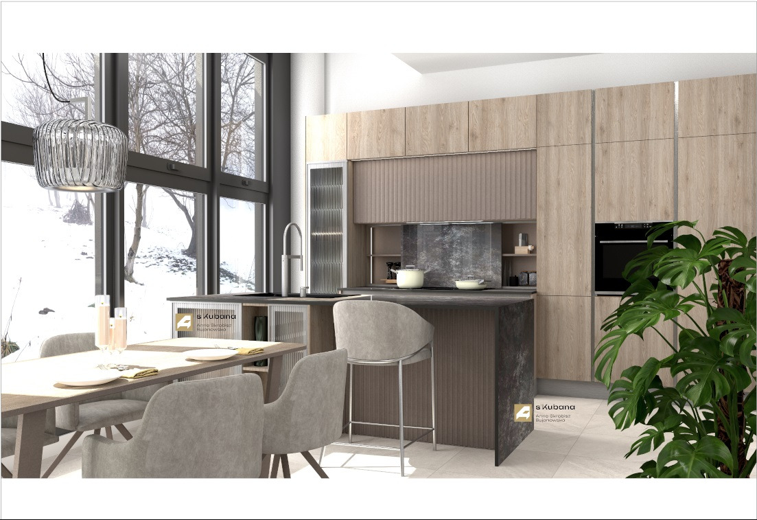 Wizualizacja nowoczesnej kuchni z wyspą, drewniane fronty szafek, okno z widokiem na zimowy krajobraz, szare krzesła barowe i stół z nakryciem, oświetlenie wiszące w stylu industrialnym.