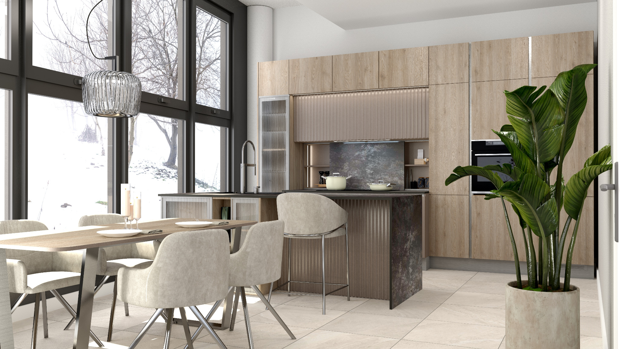 Nowoczesna kuchnia z drewnianymi frontami, wyspą z ciemnym blatem, krzesłami barowymi i stołem jadalnym z widokiem na zimowy krajobraz za oknem.
