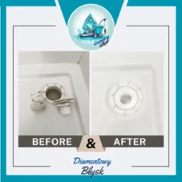 Porównanie stanu odpływu brodzika przed i po czyszczeniu, widoczna różnica w czystości i bieli plastiku.