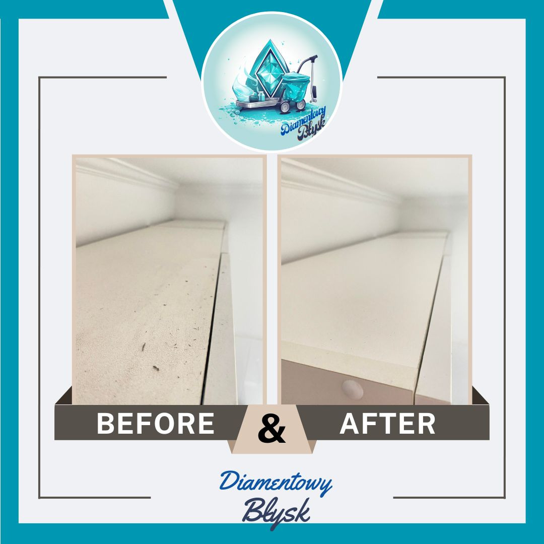 Grafika z logo firmy Diamantowy Błysk prezentująca efekt czyszczenia półki: po lewej zabrudzona powierzchnia, po prawej czysta, wygładzona półka pod szafką.