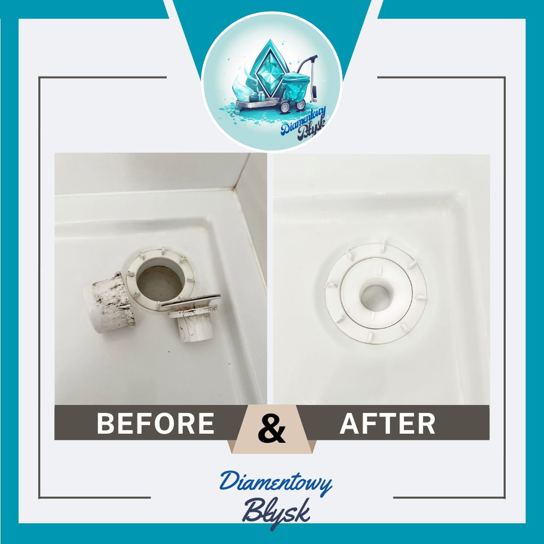 Porównanie stanu odpływu brodzika przed i po czyszczeniu, widoczna różnica w czystości i bieli plastiku.