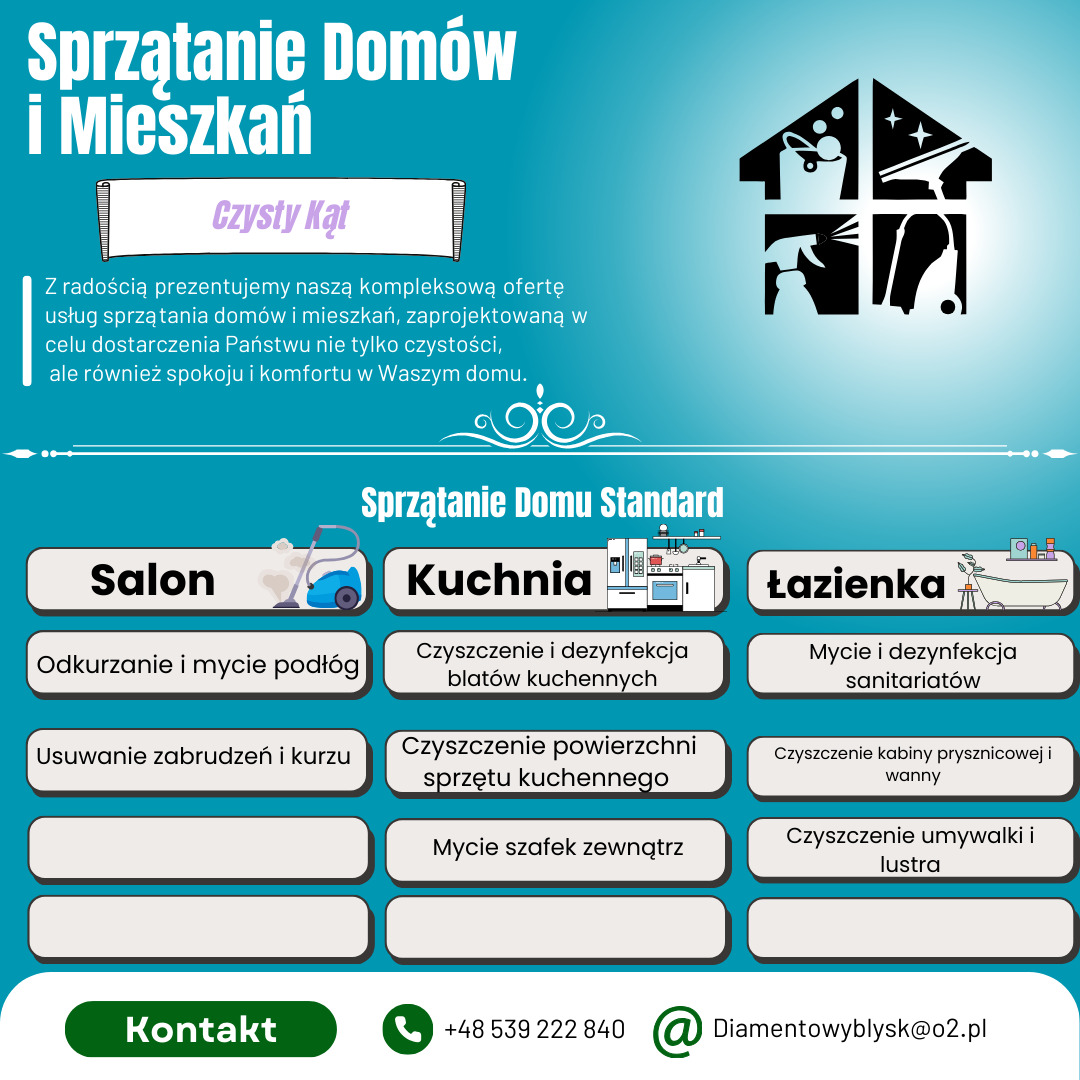 Grafika reklamowa firmy sprzątającej domy i mieszkania, oferującej standardowe usługi w salonie, kuchni i łazience, takie jak odkurzanie podłóg, czyszczenie blatów kuchennych i mycie sanitariatów.