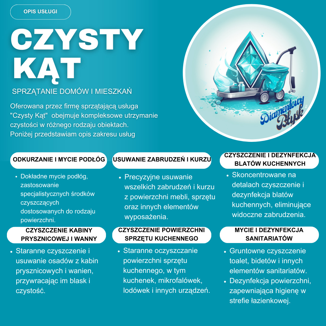 Grafika reklamowa firmy sprzątającej 'Czysty Kąt' z ilustracją wózka do sprzątania z diamentowym symbolem i opisem zakresu usług: odkurzanie, mycie podłóg, usuwanie zabrudzeń, czyszczenie kabin...