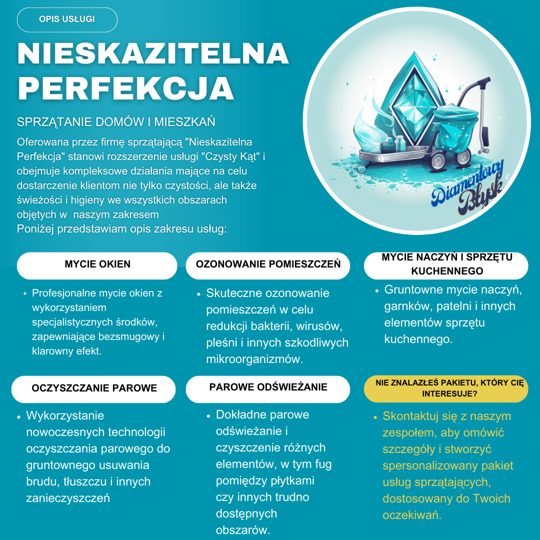 Grafika reklamowa firmy sprzątającej 'Nieskazitelna Perfekcja' z motywem diamentu i wózka do sprzątania, promująca kompleksowe usługi sprzątania domów i mieszkań, w tym mycie okien, ozonowanie...