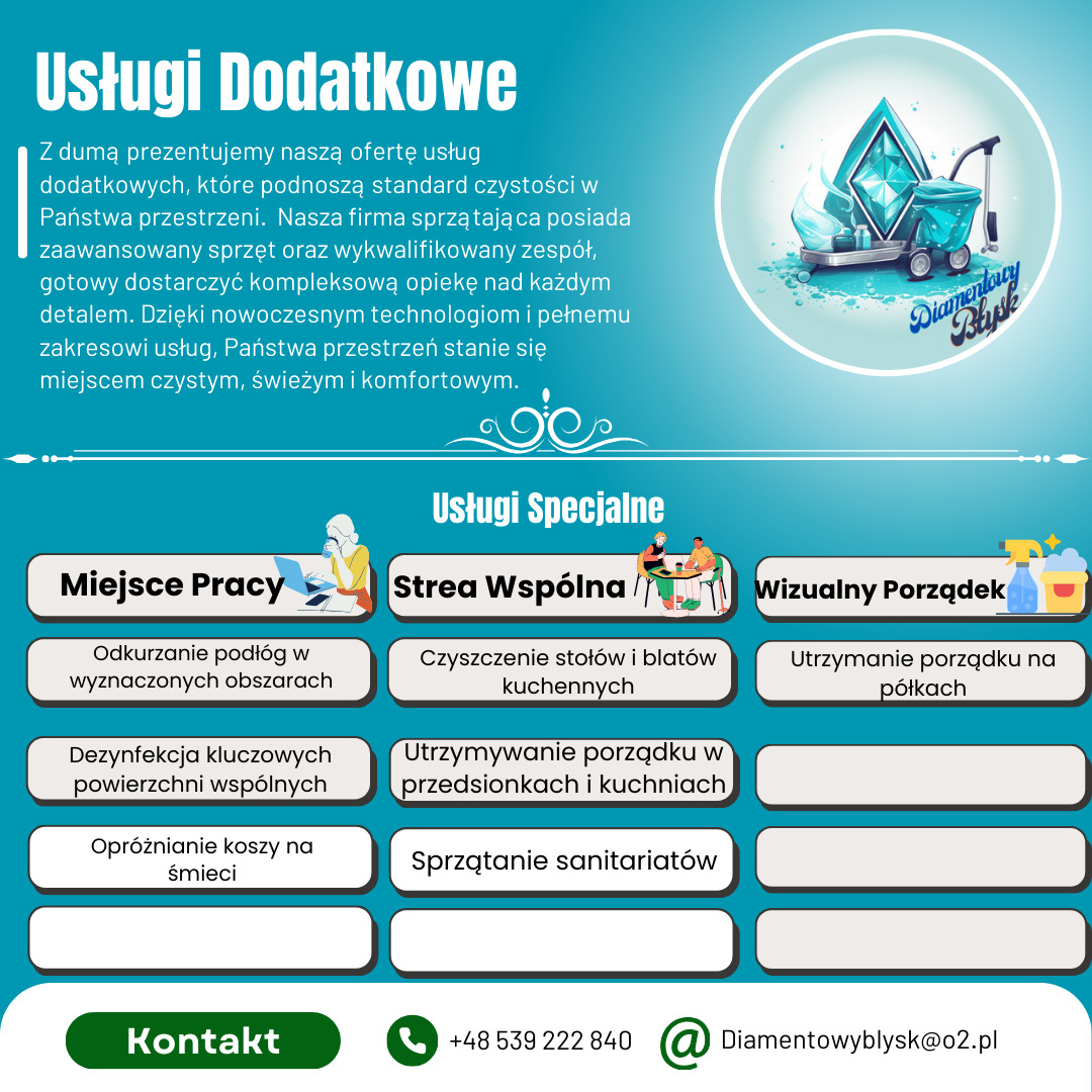 Grafika reklamowa firmy sprzątającej Diamentowy Błysk prezentująca ofertę usług dodatkowych i specjalnych, w tym odkurzanie podłóg, czyszczenie stołów i blatów kuchennych oraz utrzymanie porządku...