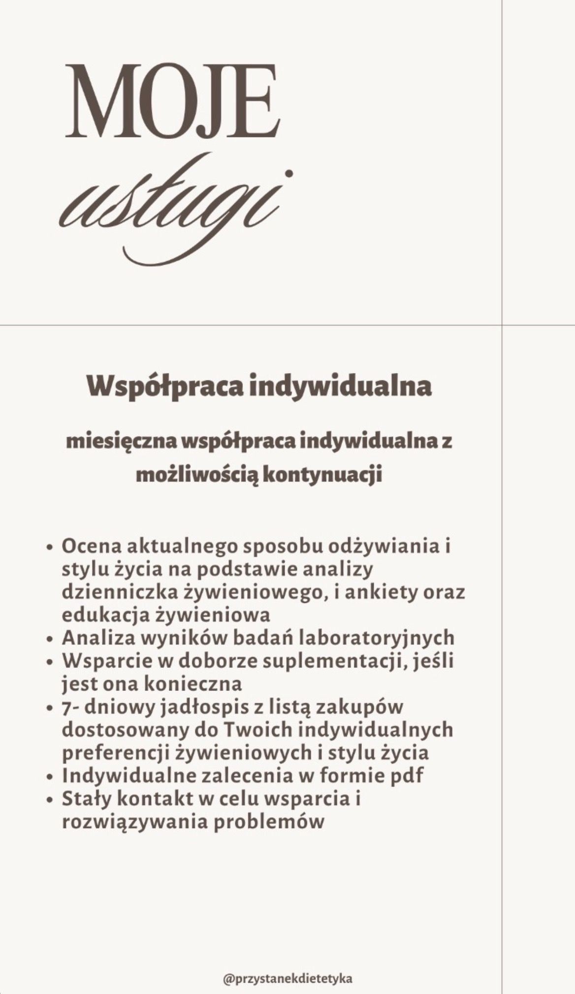 Grafika informująca o ofercie usług dietetycznych, obejmujących współpracę indywidualną, ocenę sposobu odżywiania, analizę badań, dobór suplementacji i jadłospis.
