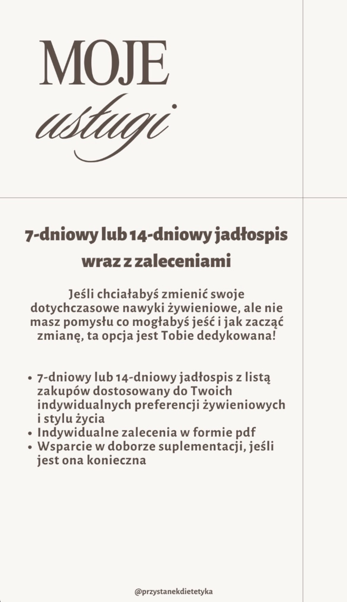 Grafika reklamowa usług: 7-dniowy lub 14-dniowy jadłospis wraz z zaleceniami, indywidualne zalecenia w formie PDF, wsparcie w doborze suplementacji, nazwa firmy na dole.