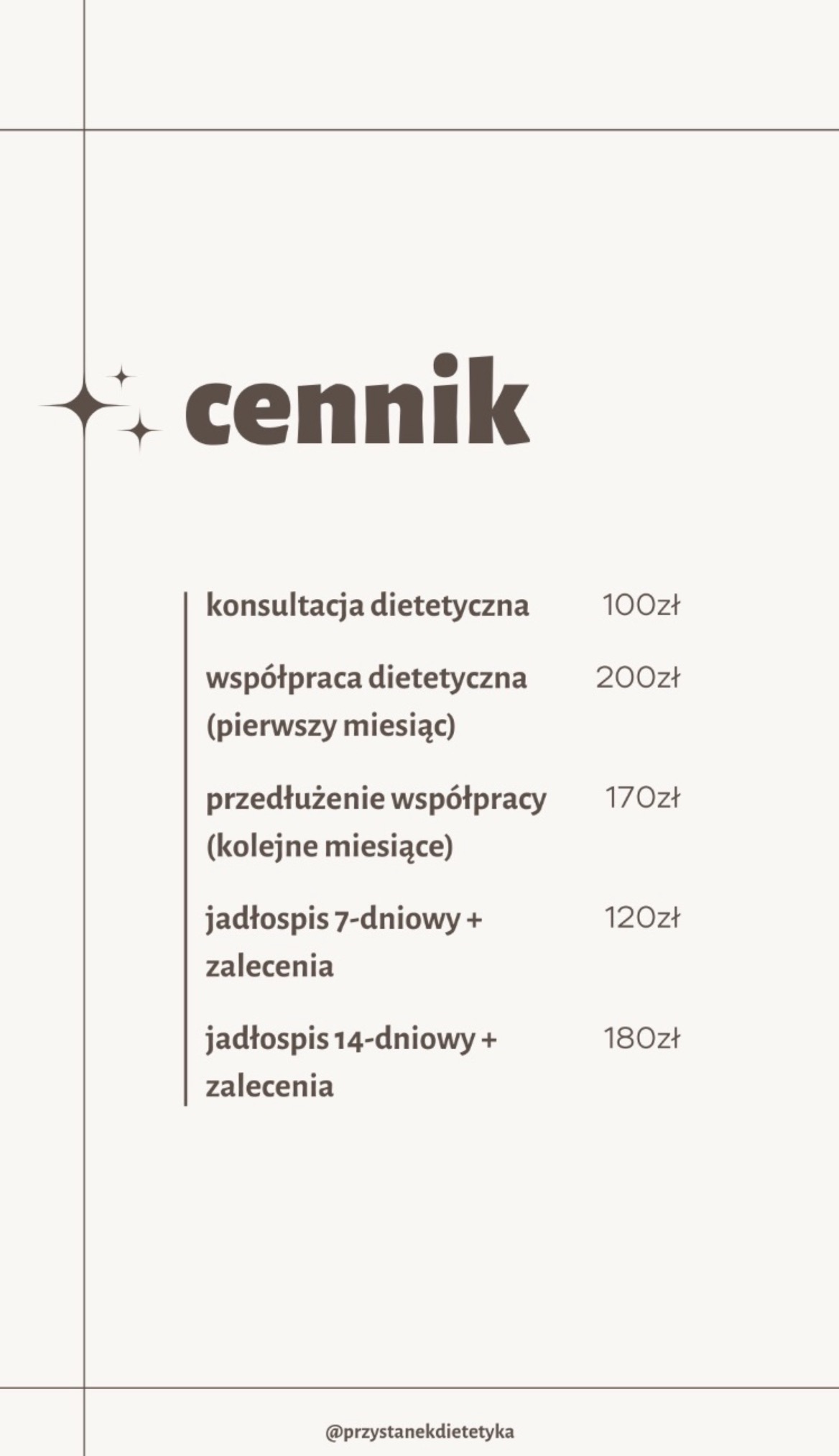 Grafika przedstawiająca cennik usług dietetycznych, w tym konsultacje, współpracę miesięczną i jadłospisy, z podanymi cenami w złotych polskich.