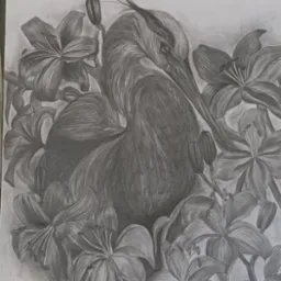 Szkic ołówkiem przedstawiający czaplę otoczoną liliami, umieszczony na sztaludze, z widocznymi klipsami przytrzymującymi papier.