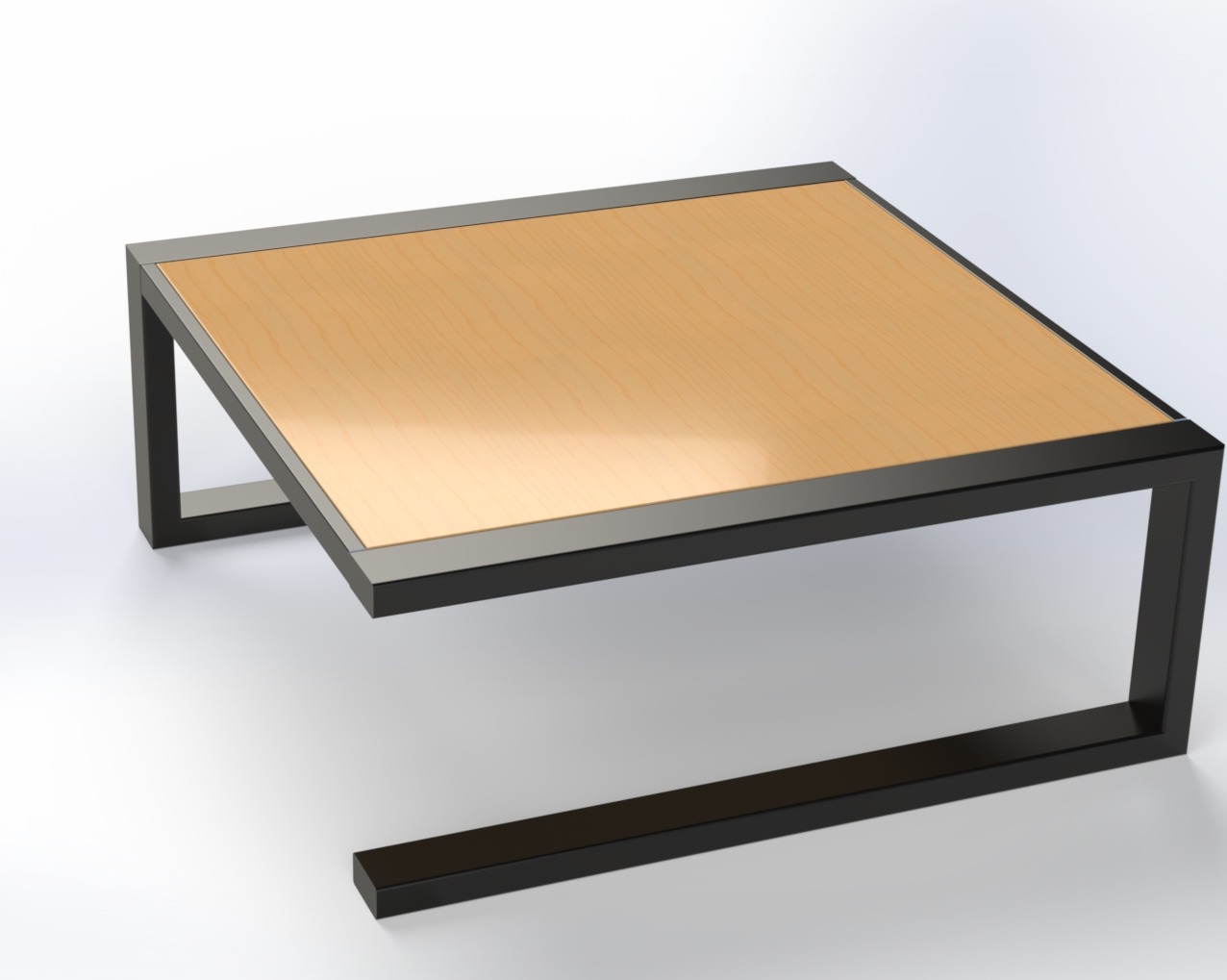 Wizualizacja 3D stolika kawowego z blatem z jasnego drewna i czarną metalową ramą o minimalistycznym designie.