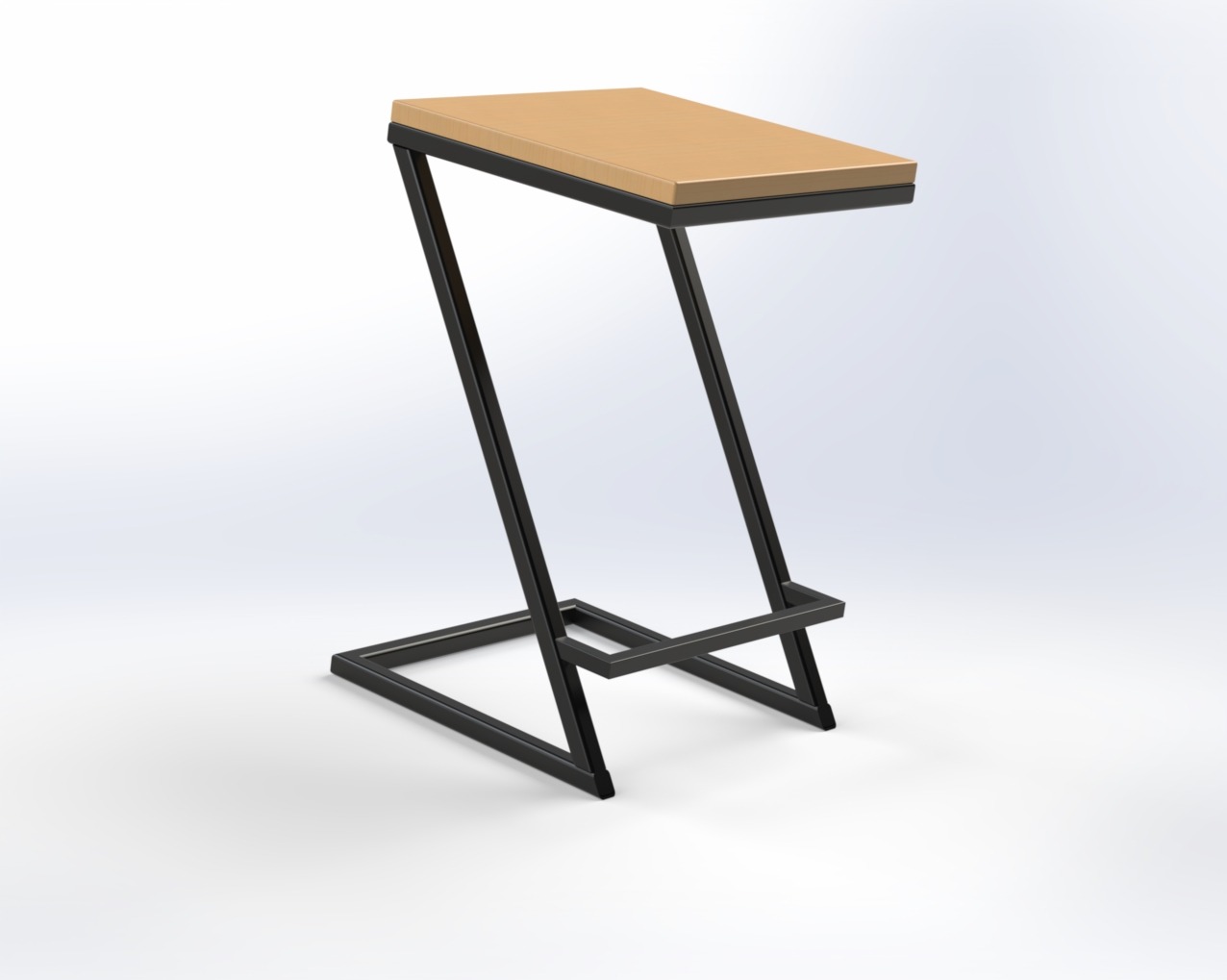 Wizualizacja 3D nowoczesnego stolika pomocniczego z czarną metalową ramą i jasnym drewnianym blatem, minimalistyczny design na białym tle.