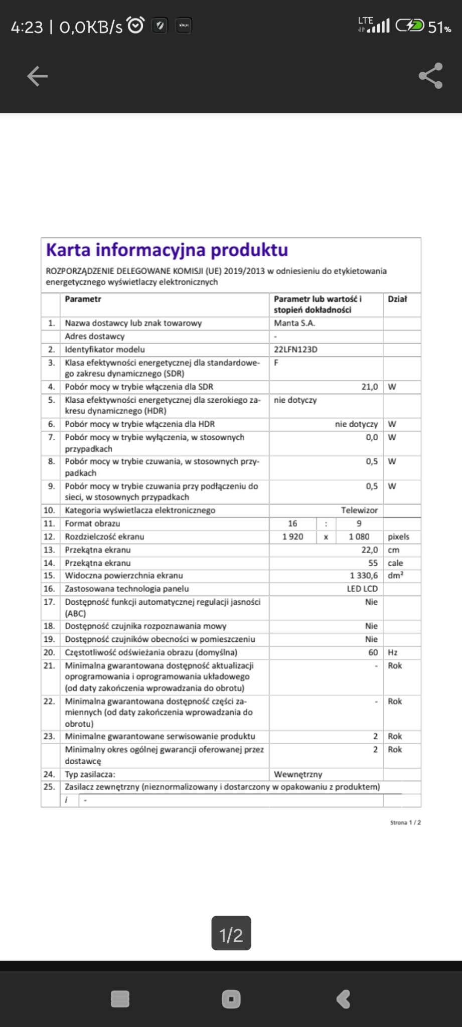 Karta informacyjna produktu, przedstawiająca parametry techniczne telewizora Manta S.A. model 22LFN123D, w tym klasę energetyczną, pobór mocy i rozdzielczość ekranu. Widoczny fragment dokumentu...