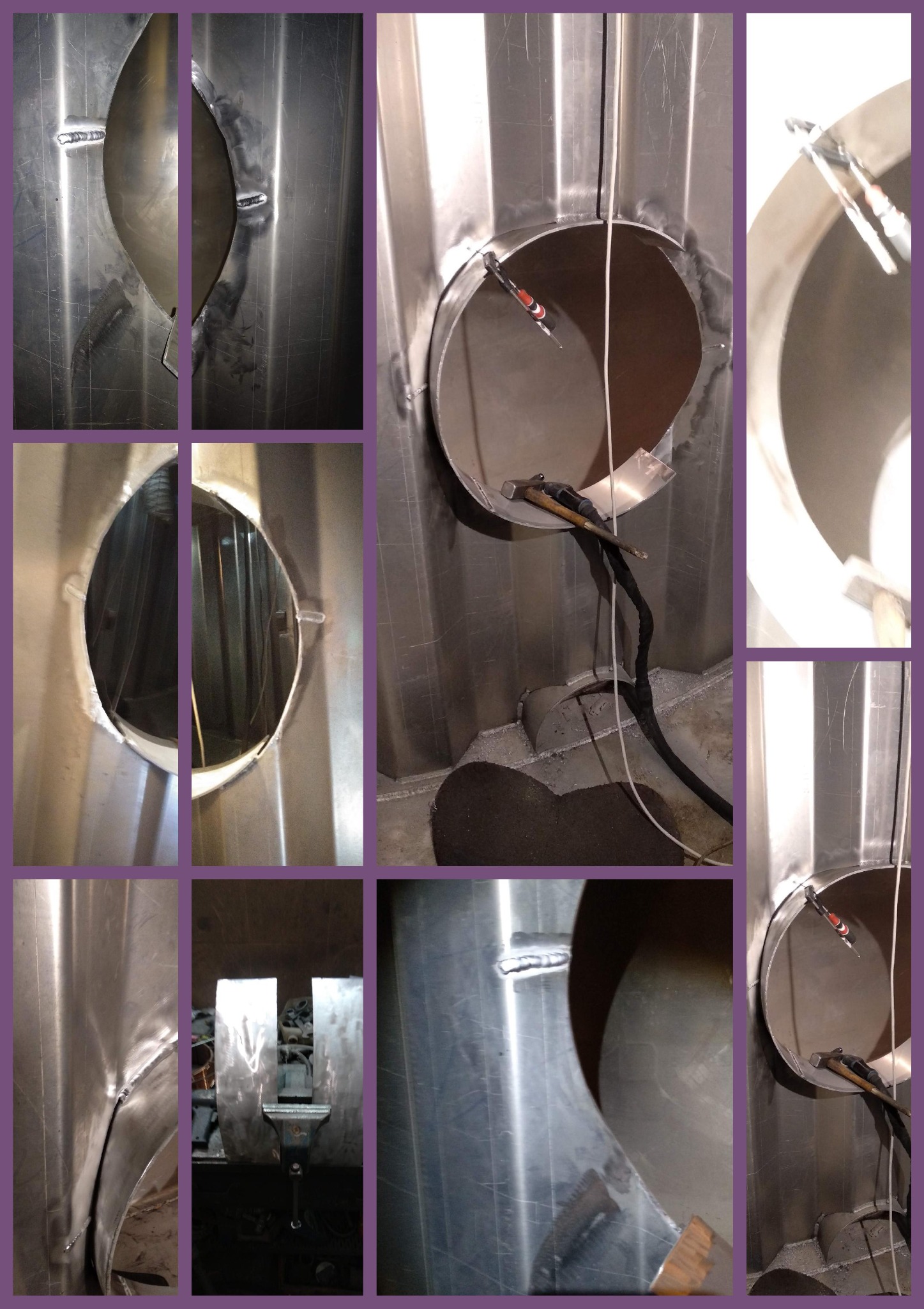 Spoiny spawalnicze na metalowej konstrukcji z wyciętymi otworami, widoczne narzędzia spawalnicze i ślady obróbki metalu.