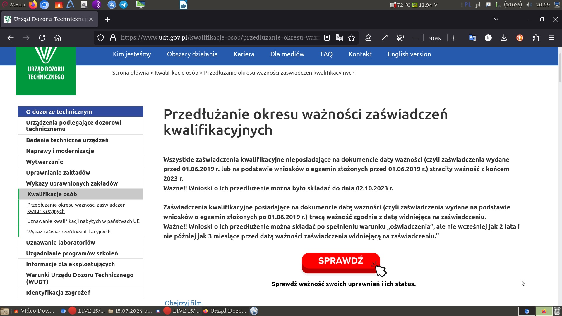 Zrzut ekranu strony internetowej Urzędu Dozoru Technicznego (UDT) z informacją o przedłużaniu ważności zaświadczeń kwalifikacyjnych. Widoczny fragment menu po lewej stronie oraz treść artykułu...