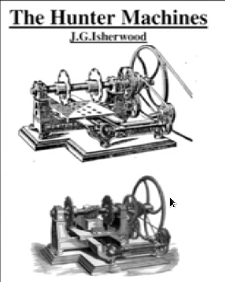Czarno-biała ilustracja przedstawiająca dwie maszyny tokarskie, z widocznymi kołami pasowymi, wrzecionami i suportami narzędziowymi, umieszczona na białym tle z tytułem 'The Hunter Machines'...