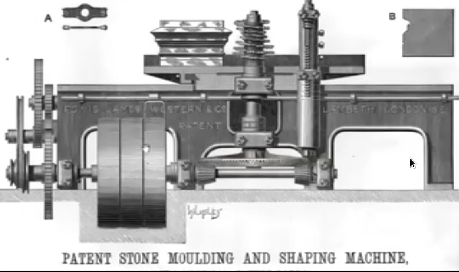Ilustracja patentowej maszyny do formowania i kształtowania kamienia, z widocznymi przekładniami, śrubami i elementami mocującymi, w stylu technicznym z epoki.