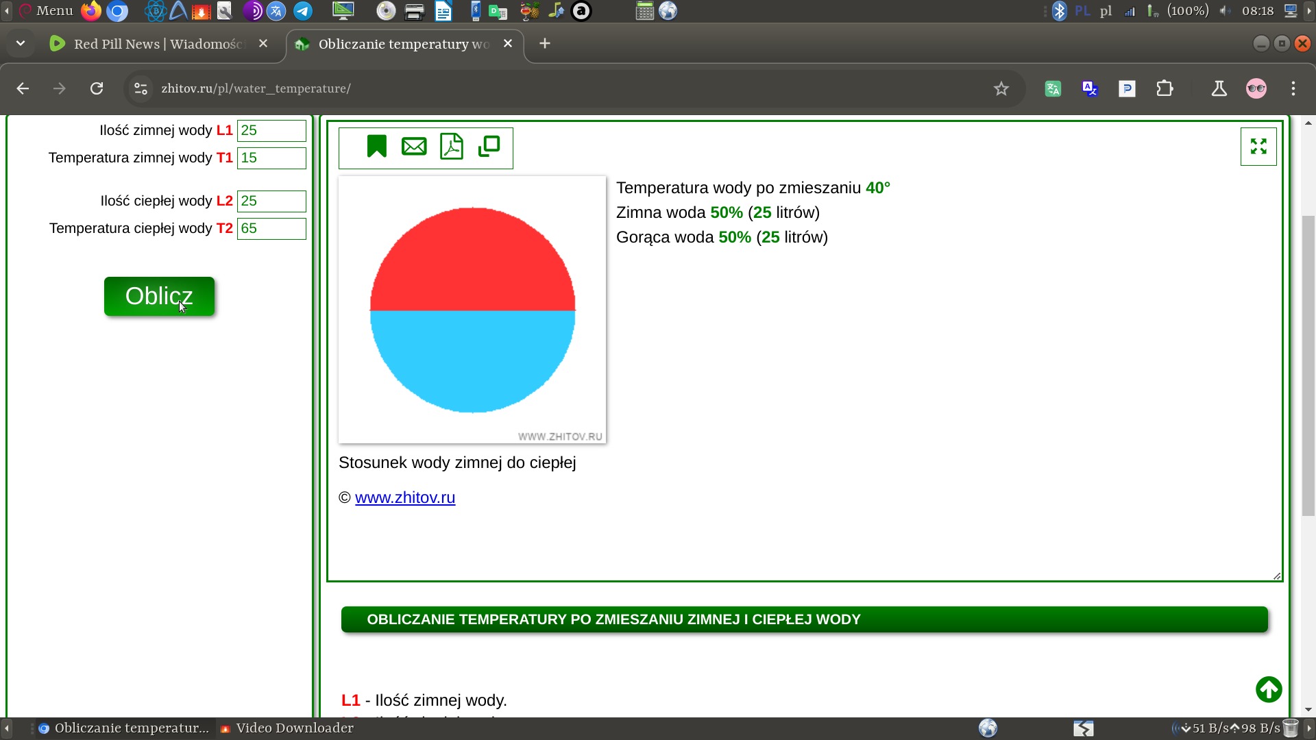 Kalkulator online do obliczania temperatury wody po zmieszaniu, z polami do wprowadzenia ilości i temperatury wody zimnej i ciepłej oraz wynikiem w formie tekstu i graficznego wykresu kołowego.