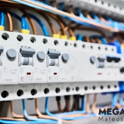 Szczegółowe ujęcie tablicy rozdzielczej z zamontowanymi bezpiecznikami EATON, widoczne niebieskie i brązowe przewody podłączone do aparatury, logo firmy MEGAVOLTA w prawym dolnym rogu.