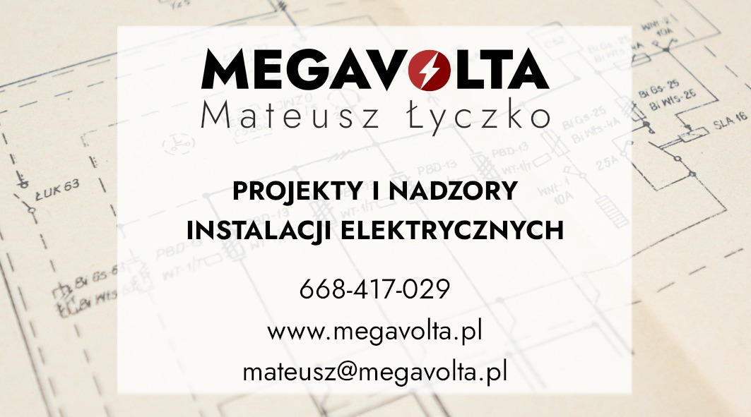 Wizytówka firmy Megavolta Mateusz Łyczko oferującej projekty i nadzory instalacji elektrycznych, na tle schematu elektrycznego.