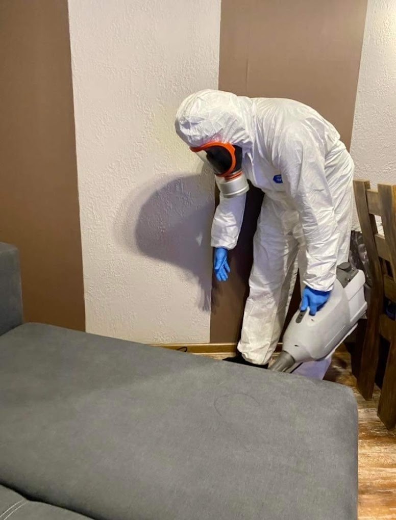 Osoba w kombinezonie ochronnym i masce gazowej, z niebieskimi rękawiczkami, rozpyla środek na szarą sofę za pomocą przenośnego opryskiwacza w pomieszczeniu o brązowo-białych ścianach.