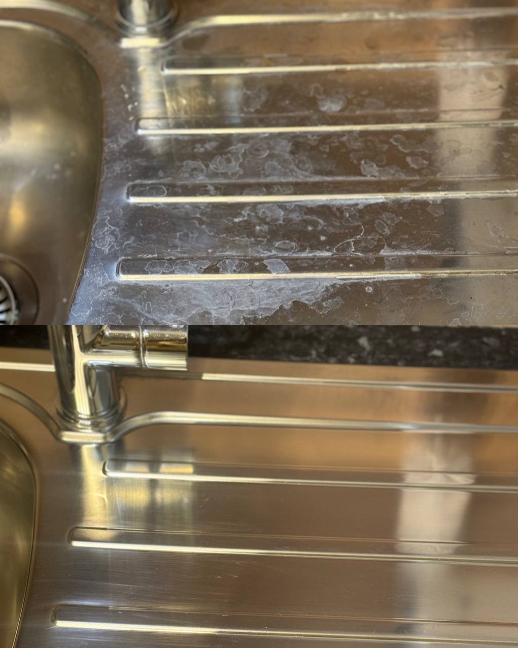 Porównanie stanu zlewu ze stali nierdzewnej: górna część pokryta osadem z kamienia, dolna część po czyszczeniu, ukazująca lśniącą powierzchnię z widocznymi rowkami.