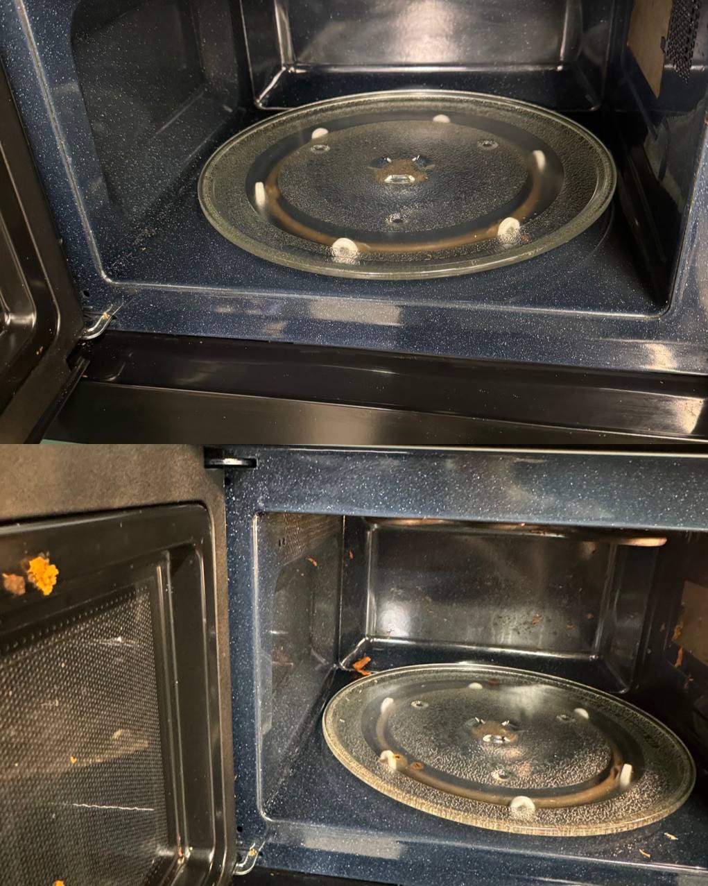 Mikrofalówka przed i po czyszczeniu, widoczne resztki jedzenia w dolnej części i czysta, szklana taca obrotowa w górnej.