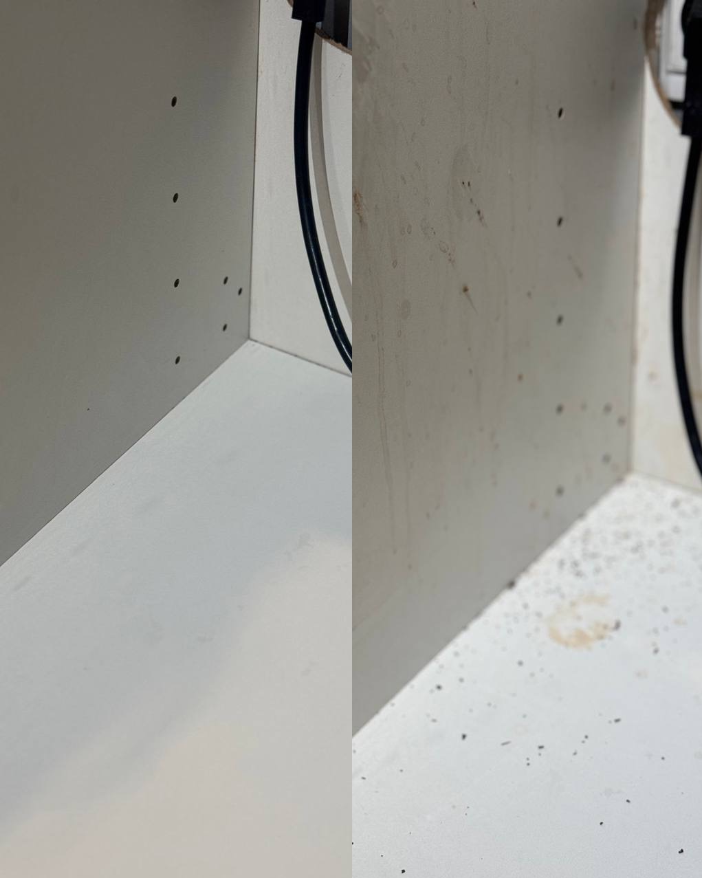 Porównanie wnętrza szafki przed i po czyszczeniu: po lewej stronie czysta, biała powierzchnia z drobnymi otworami, po prawej zabrudzona powierzchnia z zaciekami i plamami, widoczne kable zasilające.
