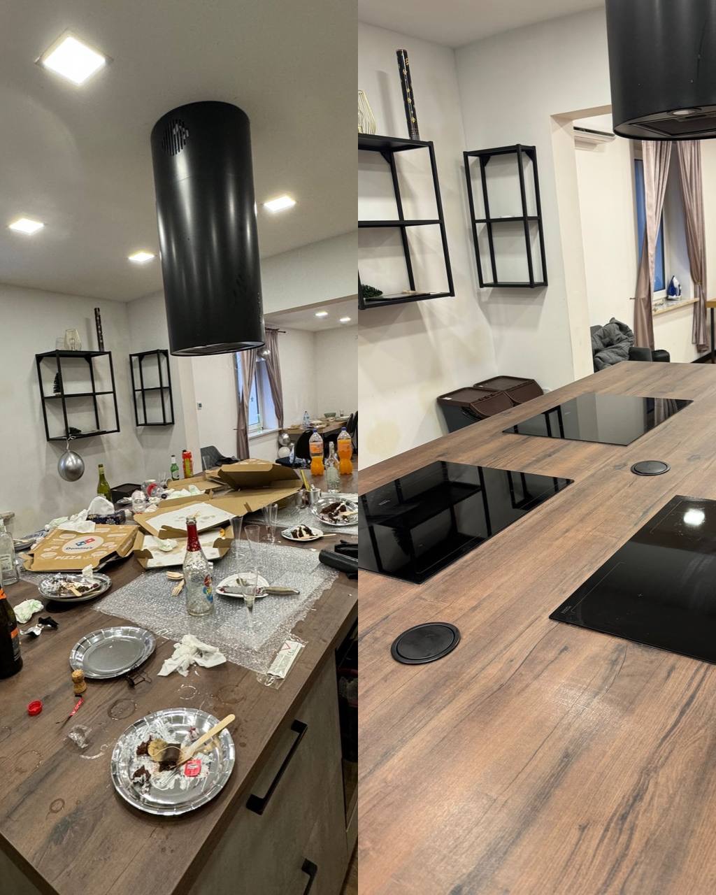 Porównanie połowy drewnianego blatu kuchennego przed i po sprzątaniu: widoczny bałagan po lewej stronie z resztkami jedzenia, pustymi butelkami i kartonami po pizzy, a po prawej czysty blat...