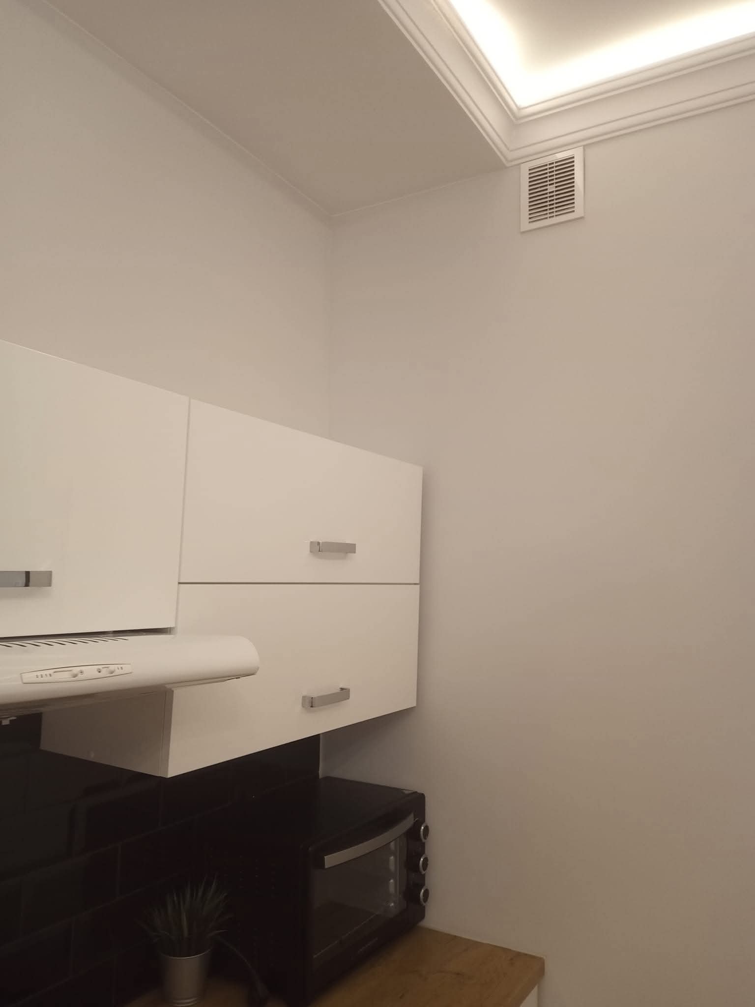 Minimalistyczna kuchnia: białe szafki z metalowymi uchwytami, czarne płytki nad blatem i mała roślina w doniczce. Widoczny fragment okapu i mikrofalówki.