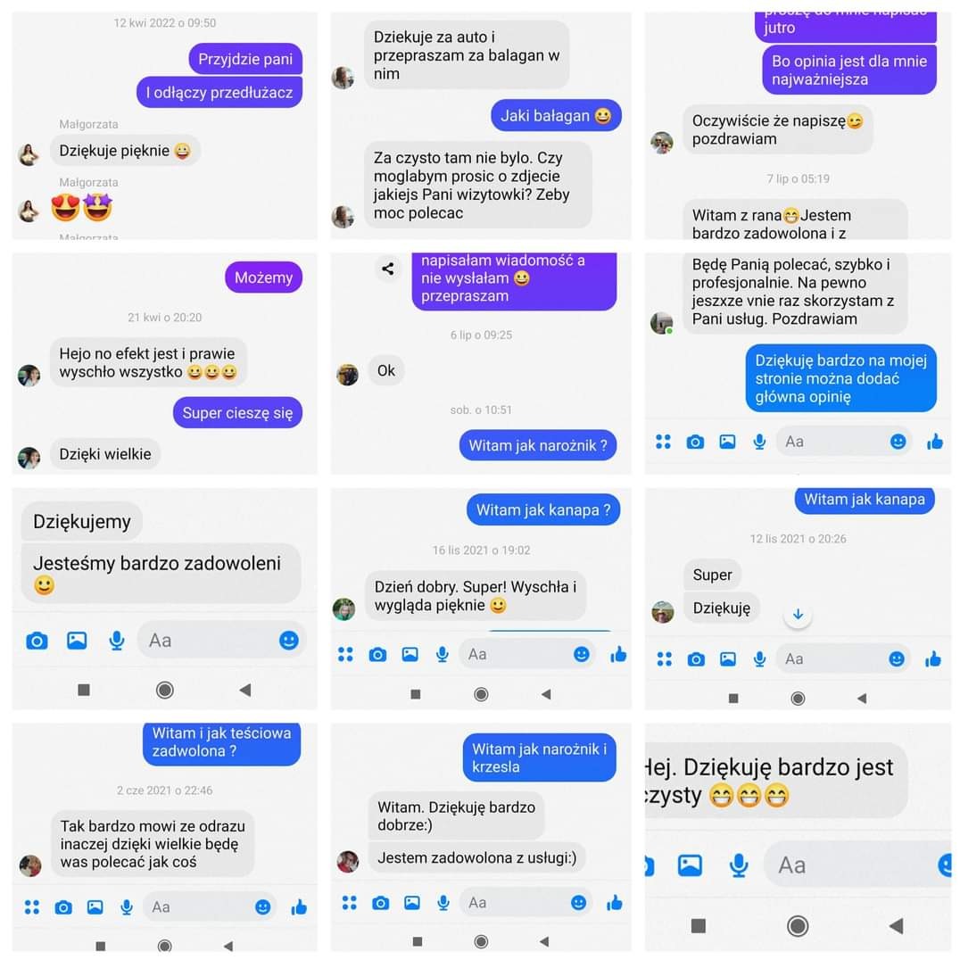 Zestawienie zrzutów ekranu z konwersacji tekstowych, zawierających pozytywne opinie klientów na temat wykonanej usługi, z widocznymi datami i emotikonami wyrażającymi zadowolenie.