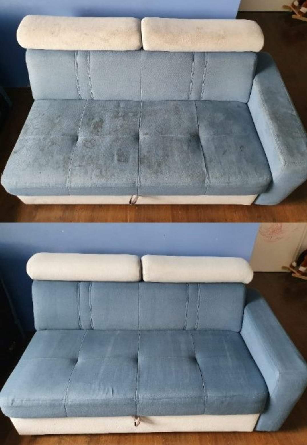 Porównanie: Niebieska sofa z białymi zagłówkami przed i po praniu tapicerki, widoczne usunięte plamy i zabrudzenia.