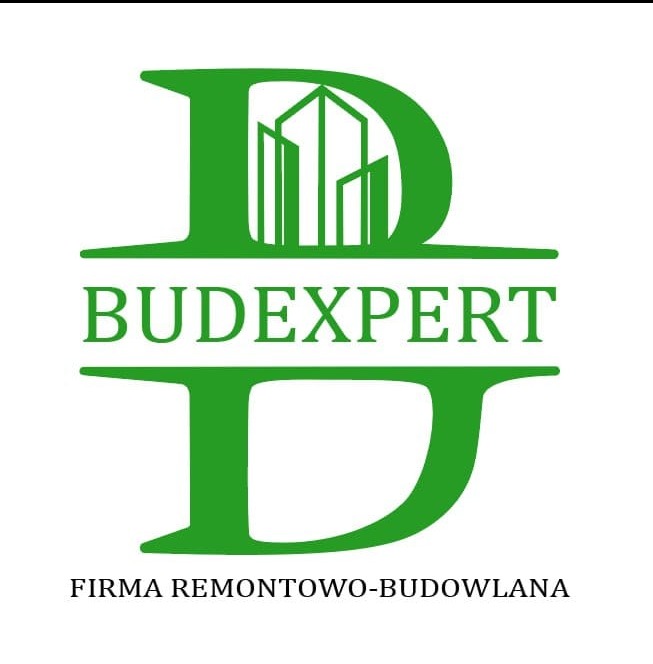 Zielone logo firmy remontowo-budowlanej Budexpert z motywem budynków w literze D.