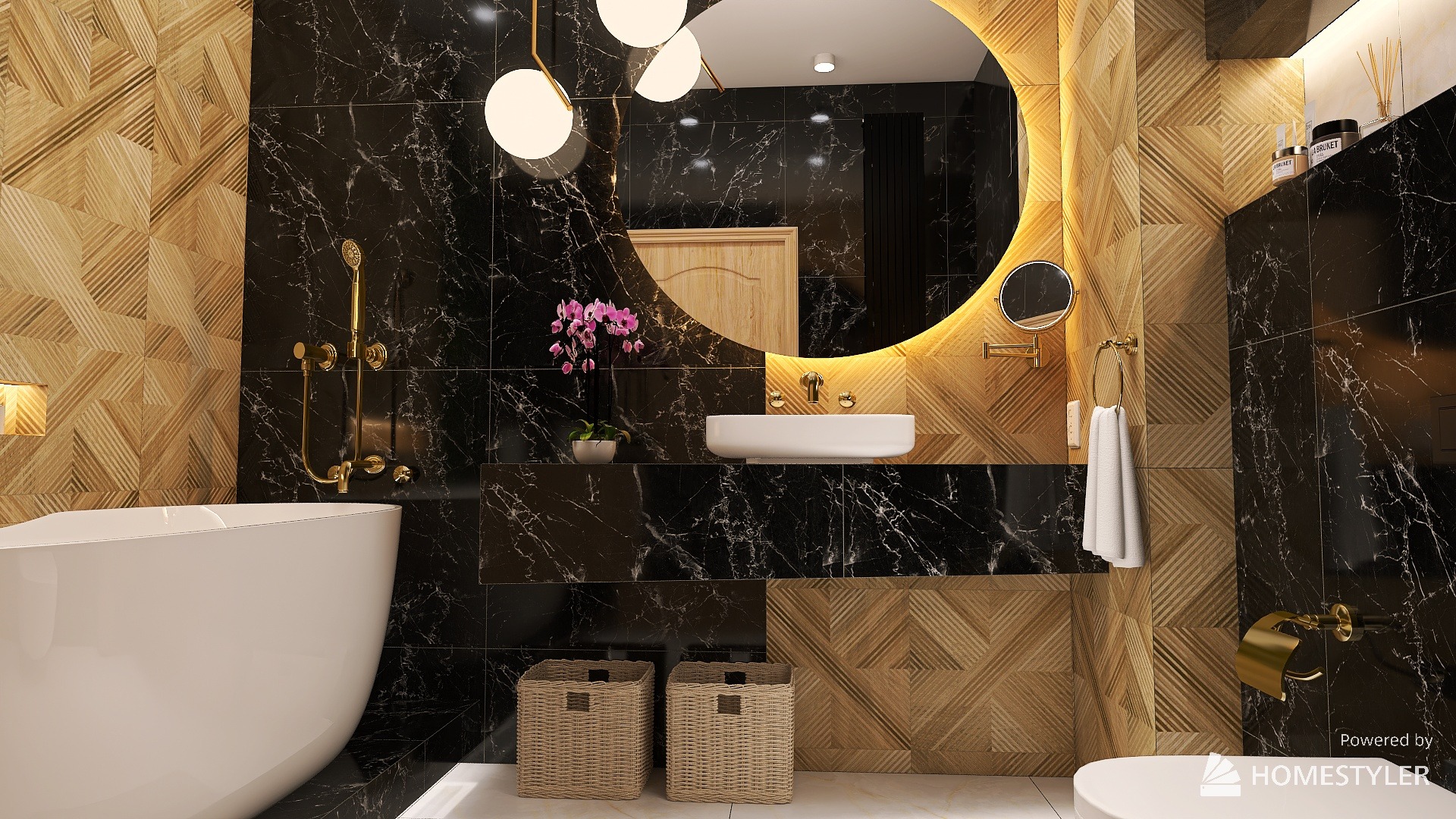 Elegancka łazienka z czarnymi marmurowymi płytkami i drewnianymi akcentami, okrągłe lustro z podświetleniem LED, wolnostojąca wanna i wiklinowe kosze.