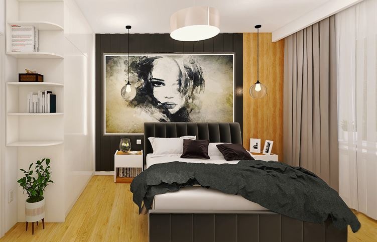Nowoczesna sypialnia z łóżkiem kontynentalnym, szarą narzutą i czarnym zagłówkiem, obraz z motywem portretu kobiety nad łóżkiem, drewniana podłoga i białe półki narożne z książkami i rośliną...