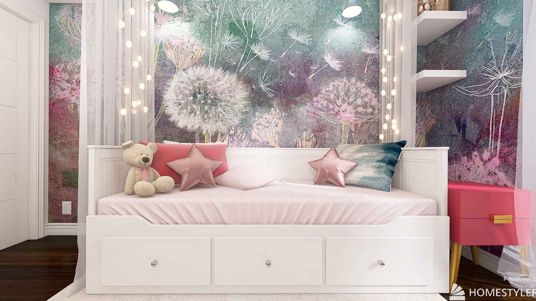 Pokój dziecięcy z łóżkiem typu daybed, białymi szafkami pod łóżkiem, różową szafką nocną i tapetą w kwiaty dmuchawca. Na łóżku leżą poduszki w kształcie gwiazd i pluszowy miś.