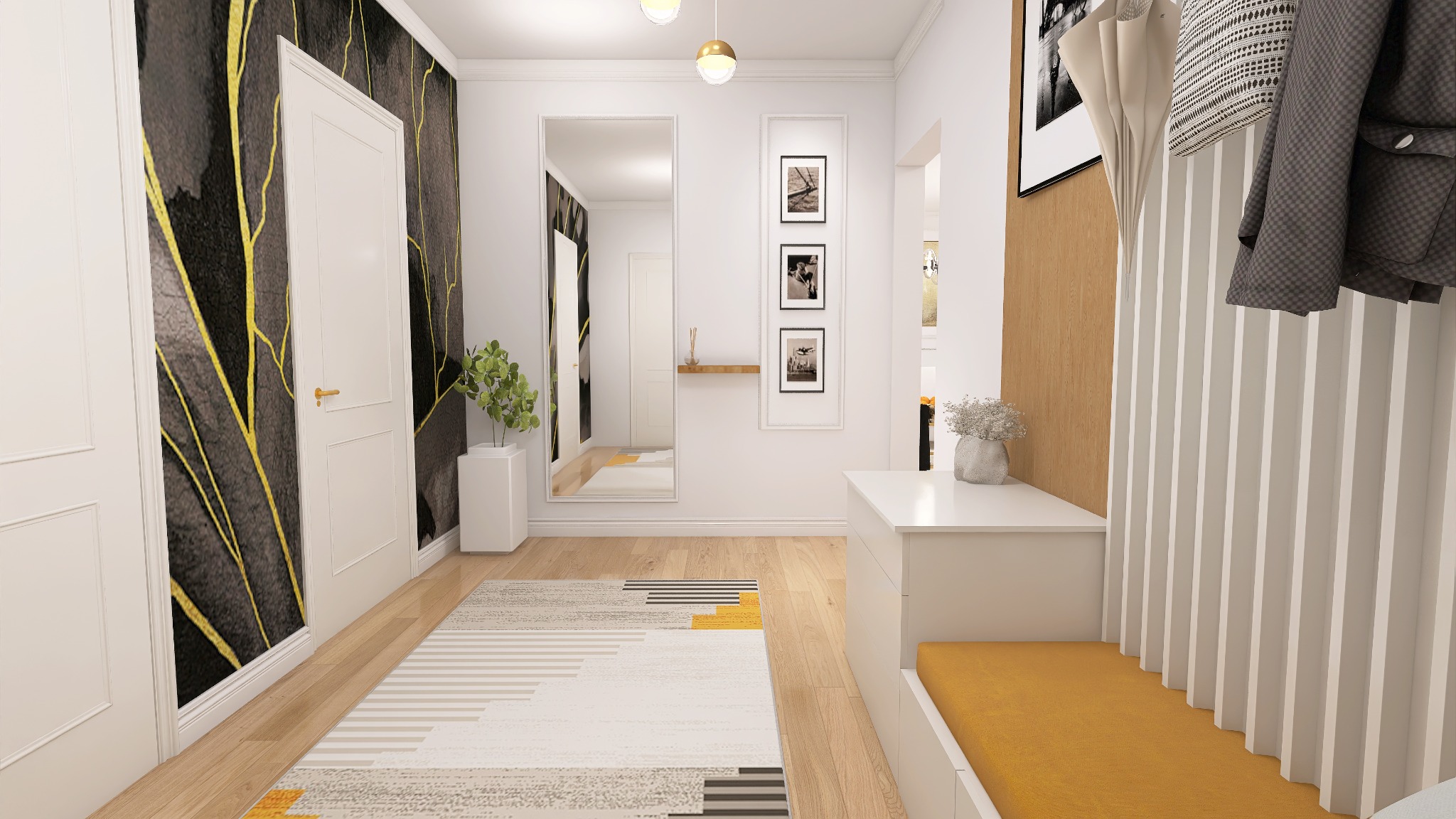 Nowoczesny przedpokój w jasnych barwach z akcentami złota i czerni: tapeta z motywem drzewa, lustro w prostej ramie, siedzisko z żółtą poduszką, dywan w geometryczne wzory.