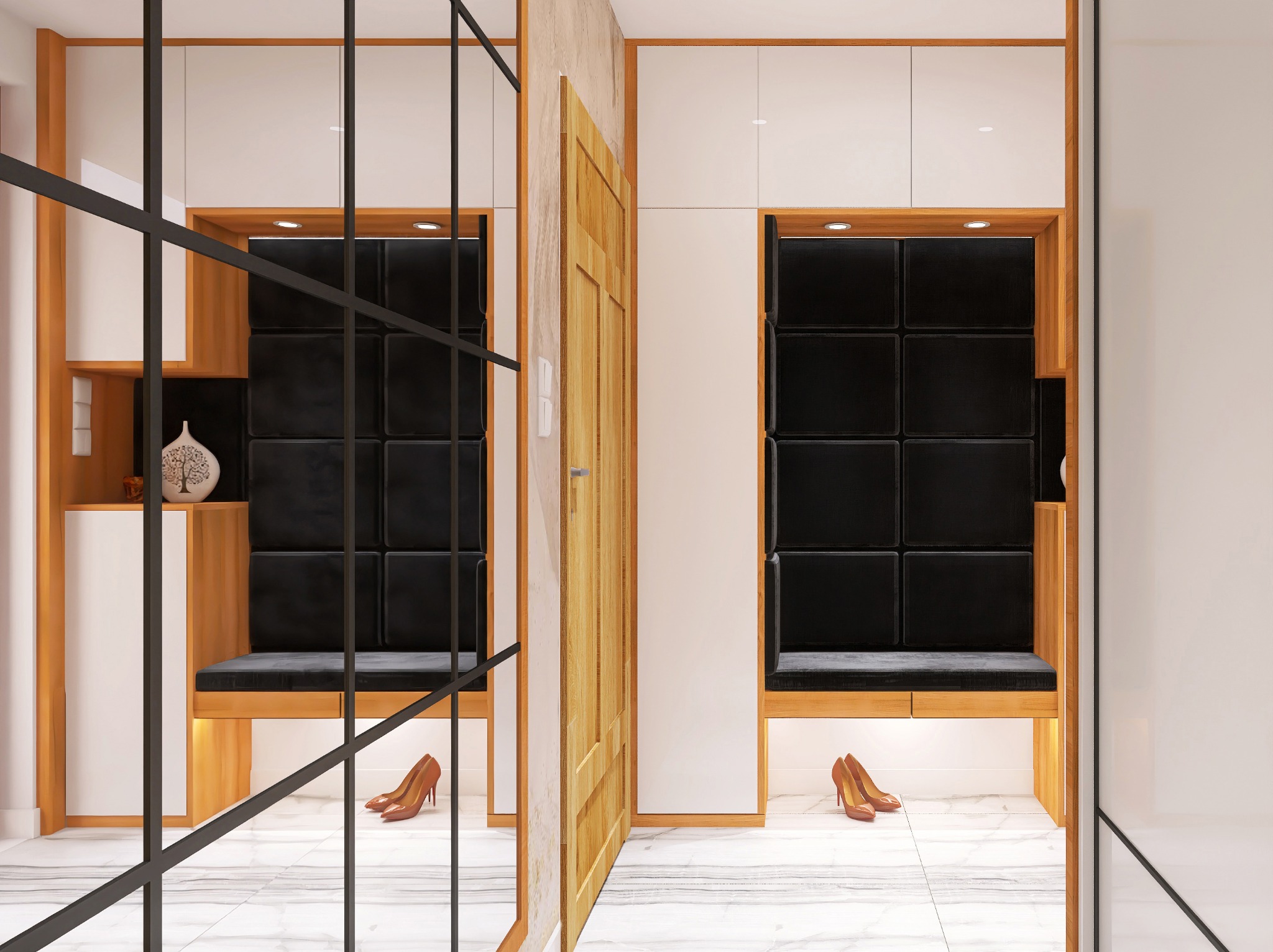 Nowoczesna garderoba w przedpokoju z siedziskami tapicerowanymi czarnymi panelami, oświetleniem LED i parą szpilek w kolorze nude na marmurowej podłodze