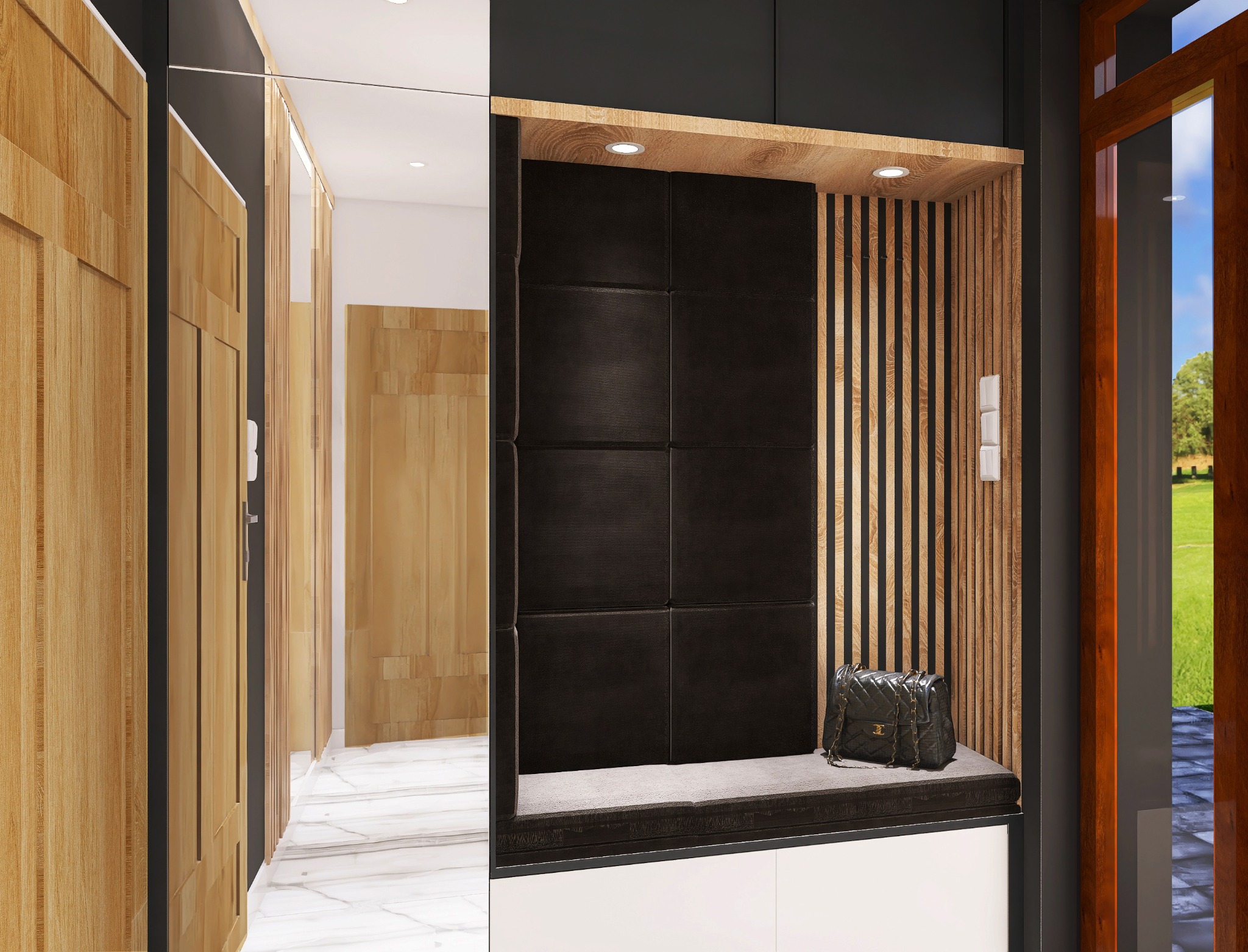 Nowoczesny przedpokój z drewnianą zabudową, czarnymi panelami tapicerowanymi i designerską torebką na siedzisku.