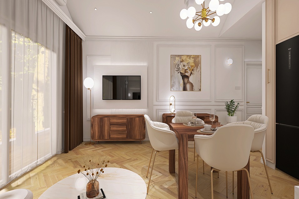 Elegancka aranżacja salonu z jadalnią: drewniany stół z białymi krzesłami, parkiet w jodełkę, komoda pod telewizorem i obraz z motywem kwiatowym.