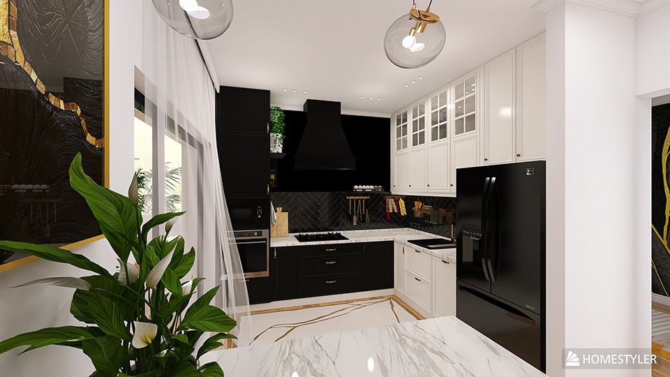 Wizualizacja nowoczesnej kuchni w czarno-białej kolorystyce z marmurowym blatem, czarną zabudową kuchenną i lodówką, wzorzystą ścianą nad blatem oraz wiszącymi lampami kulami.