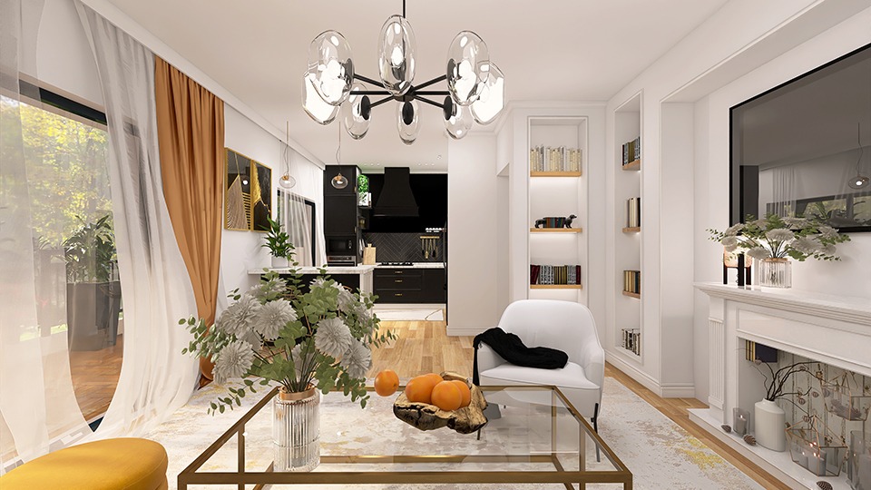 Wnętrze salonu z otwartą kuchnią w stylu nowoczesnym, z dużym oknem z zasłonami, szklanym stolikiem kawowym, białym fotelem i czarną zabudową kuchenną w tle.