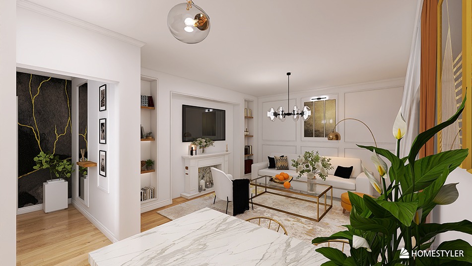 Wizualizacja salonu z aneksem, białe ściany, marmurowy stół, kominek z telewizorem, dekoracyjna ściana z motywem złotych żył, oświetlenie punktowe i roślina doniczkowa.