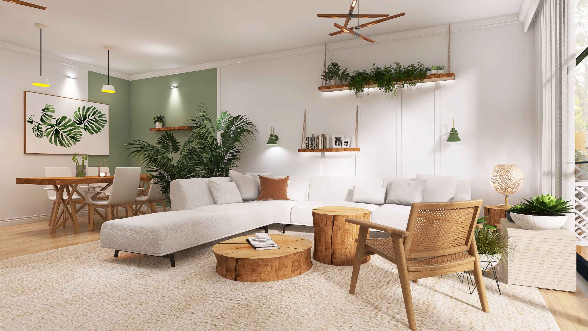 Jasne, przestronne wnętrze salonu z białym narożnikiem, drewnianymi stolikami kawowymi imitującymi pnie drzew, rattanowym fotelem i roślinami doniczkowymi, oświetlone lampami wiszącymi i kinkietami...