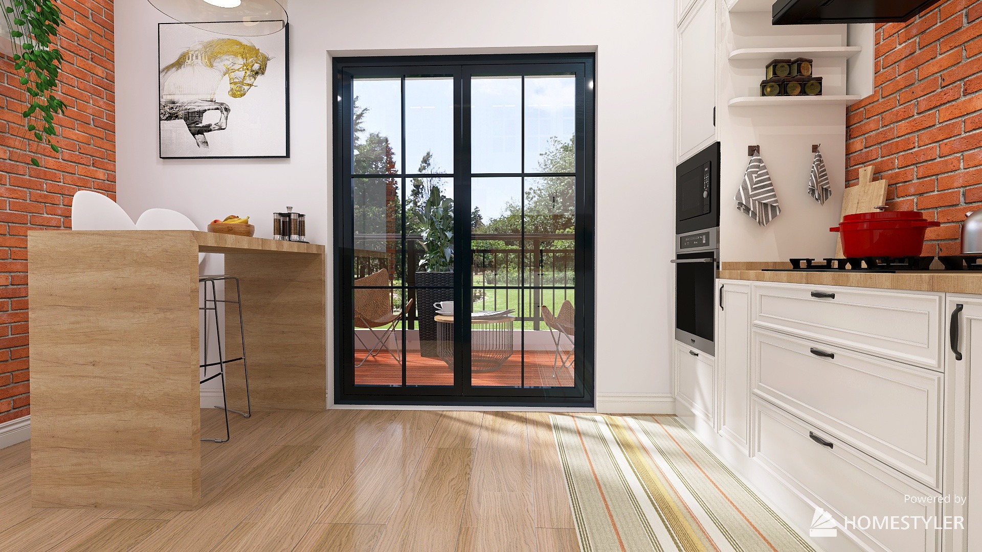 Wnętrze kuchni z barkiem w Rokietnicy, z widokiem na taras przez przeszklone drzwi balkonowe. Czerwona cegła na ścianie i białe szafki kuchenne. Na zewnątrz tarasu widoczne meble ogrodowe.