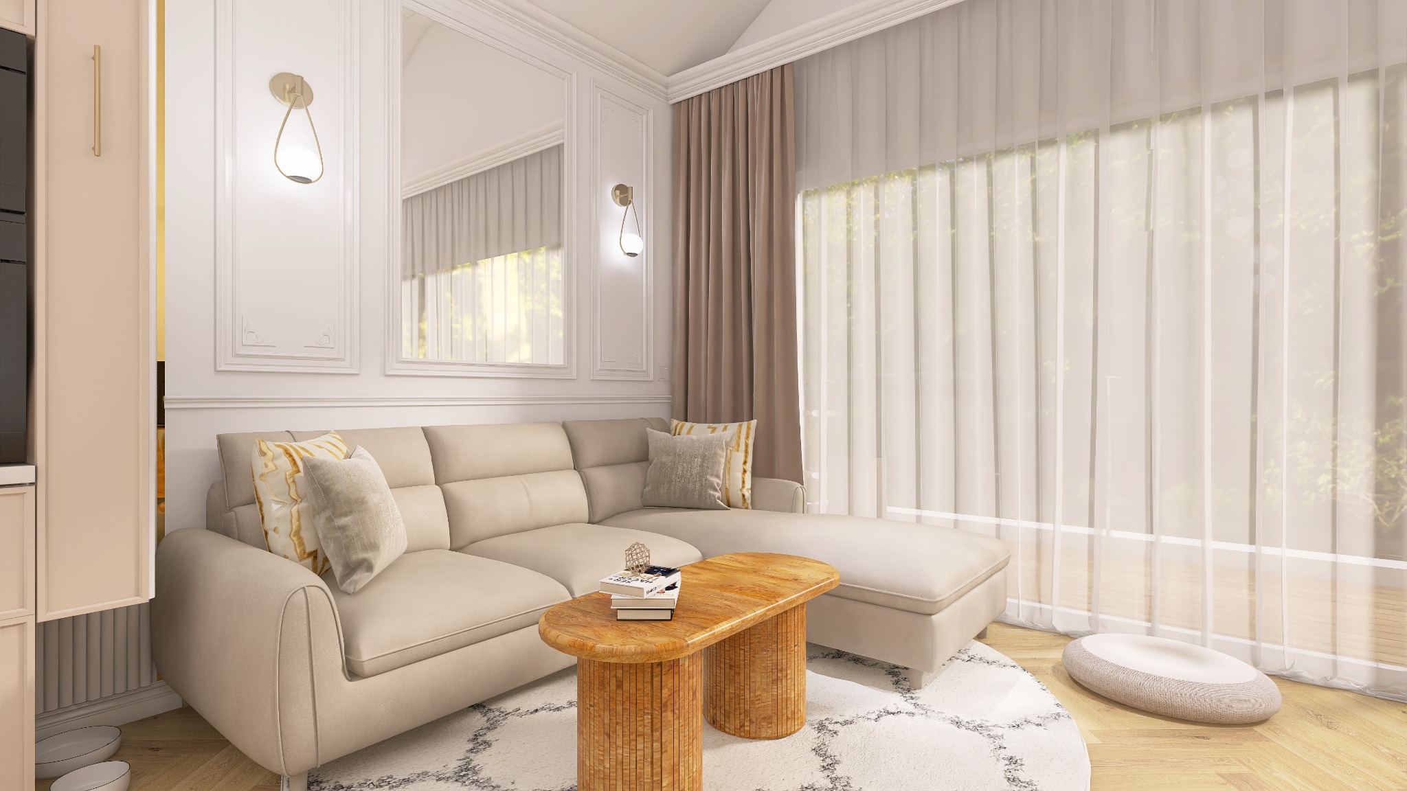 Jasny salon z beżową sofą modułową, okrągłym stolikiem kawowym z drewnianymi nogami, białym dywanem w geometryczne wzory i dużym oknem z transparentnymi zasłonami.