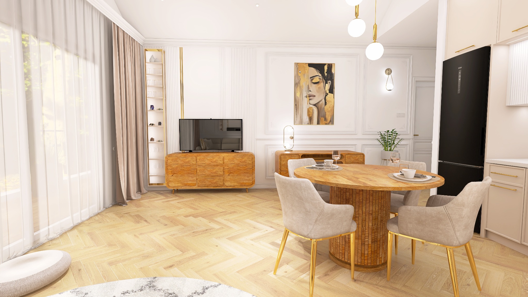 Jasne wnętrze z drewnianą podłogą w jodełkę, okrągłym stołem z krzesłami na złotych nogach, komodą pod telewizorem i obrazem kobiety na ścianie.