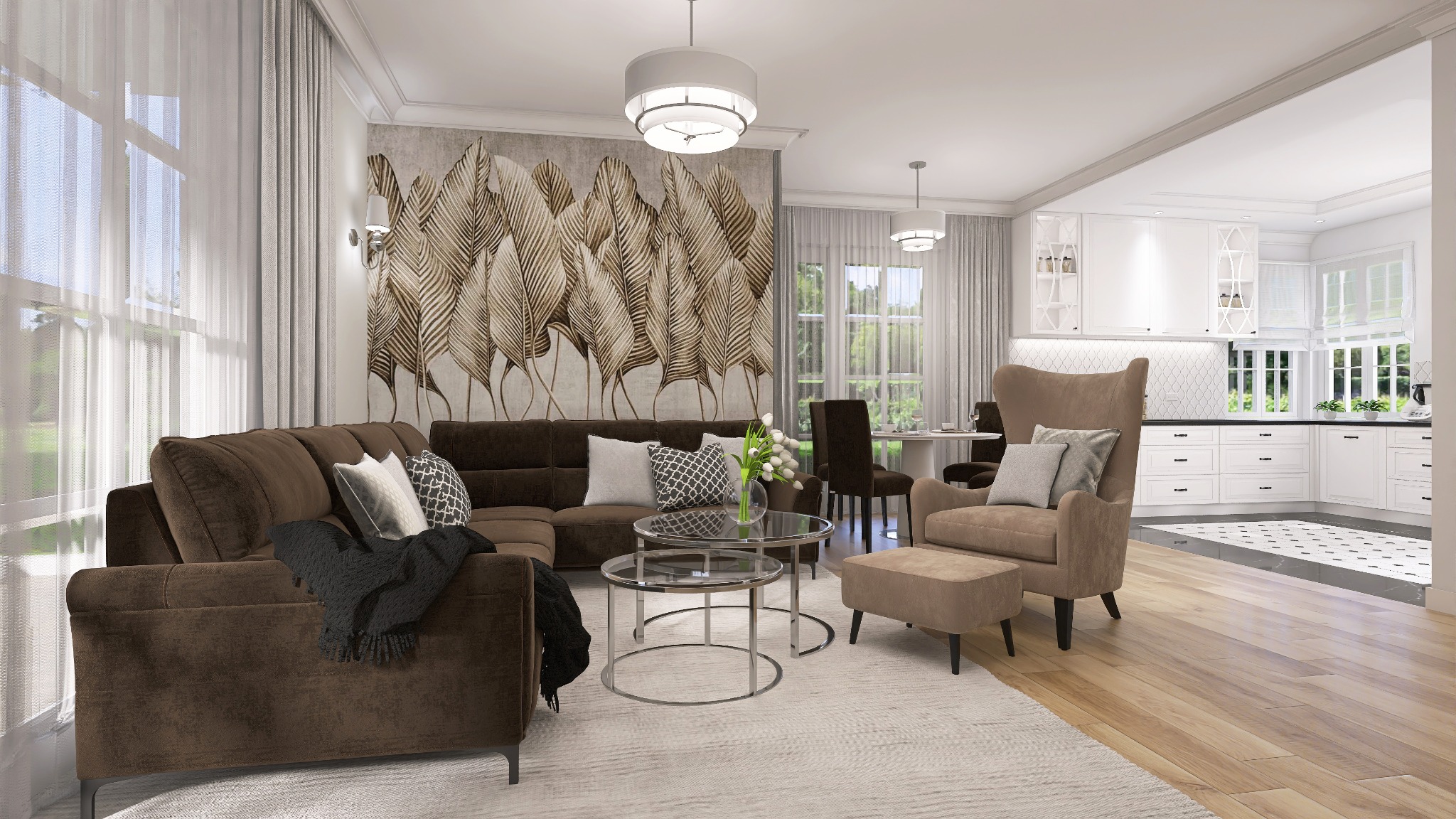 Przestronny salon w Rokietnicy z brązowym narożnikiem, szklanymi stolikami kawowymi, fotelami i otwartą kuchnią w tle, wykończony tapetą z motywem liści i białymi zasłonami.