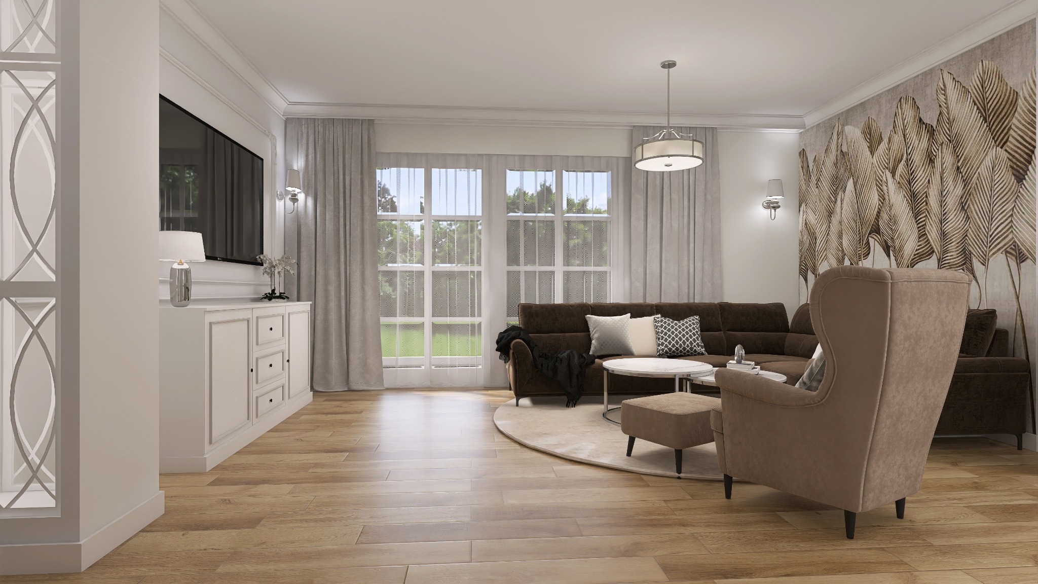 Nowoczesny salon z brązową sofą narożną, beżowym fotelem z podnóżkiem, białymi meblami RTV i tapetą w motywie liści na ścianie akcentującej.