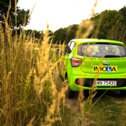Daniel Smoter - Jasnozielony samochód z tabliczką 'Automat - Pojazd Egzaminacyjny' i napisem 'IMOLA' na żółtej tablicy, zaparkowany na polnej drodze wśród wysokich traw w słoneczny dzień.