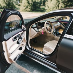 Daniel Smoter - Wnętrze luksusowego samochodu marki Mercedes z beżową skórzaną tapicerką, widok z otwartymi drzwiami kierowcy, na zewnątrz zielony trawnik i kwitnące krzewy.